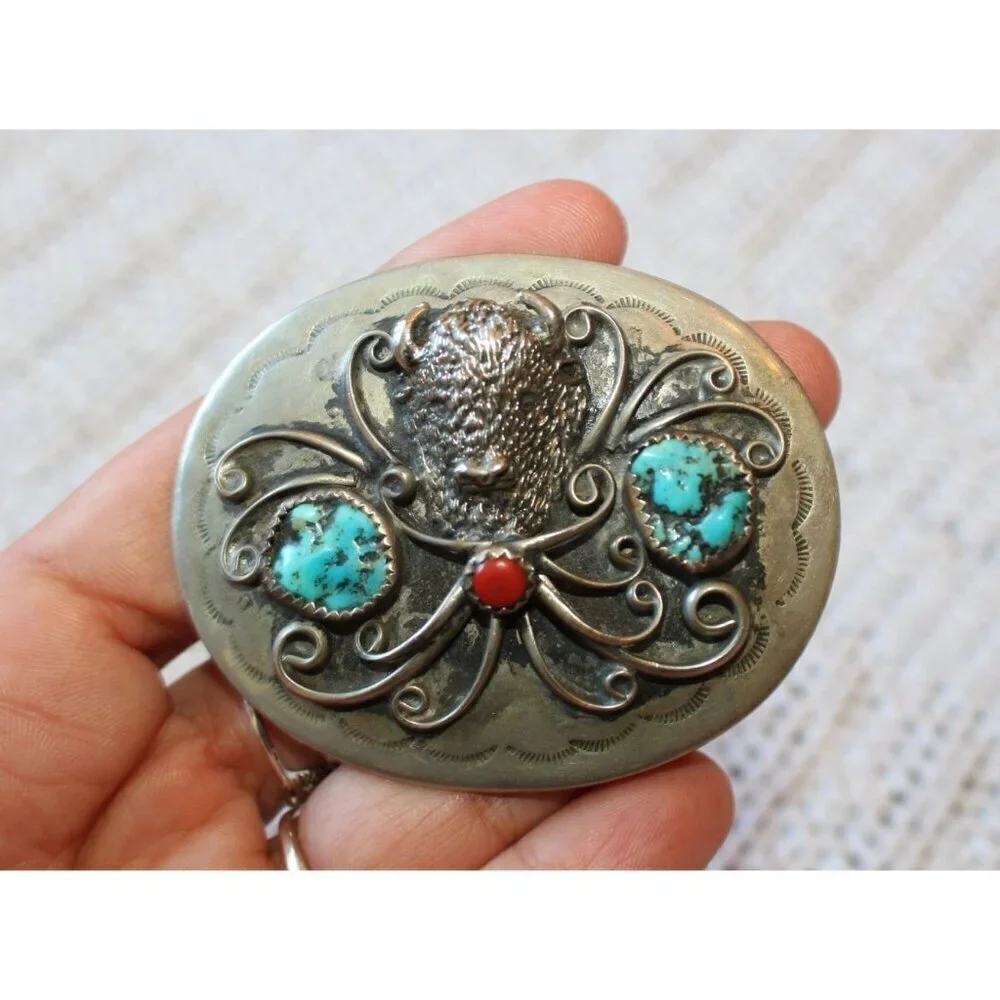 Vtg Navajo Buffalo Head Belt Buckle Turquoise & Coral Native American Handmade
